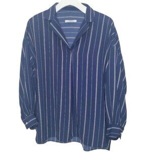 MONTS Womens Blouse Faux Pearl Buttons Stripe Navy White Collar Semi-sheer Large